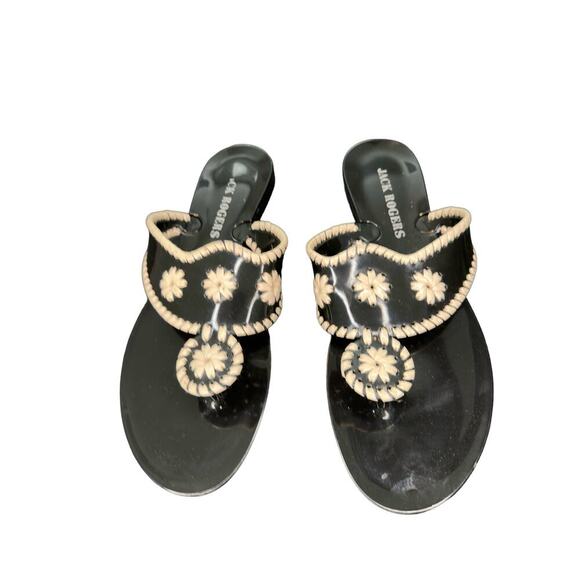 Jack‎ Rogers Black White Jelly Whipstitch Leather Thong Flat Sandal Size 10 - Picture 2 of 8